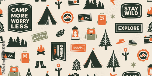 Whimsical camping and outdoor adventure icons pattern with phrases camp more worry less stay wild explore