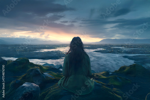 Woman gazes at a serene river landscape during twilight in a tranquil natural setting