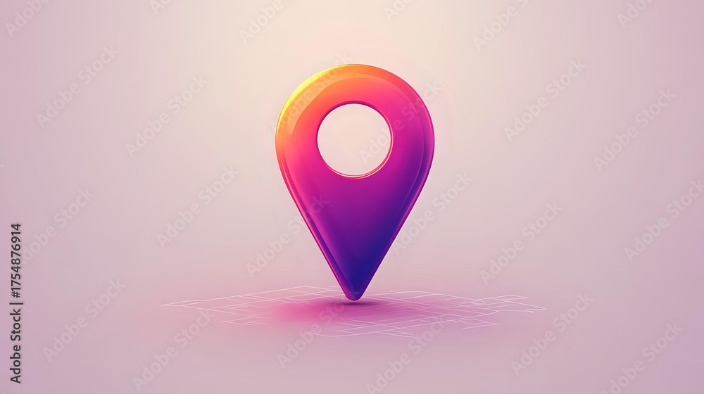 Fototapeta premium Gradient colored location pin marker floating on pink background with soft shadow effect and modern minimalist design style.