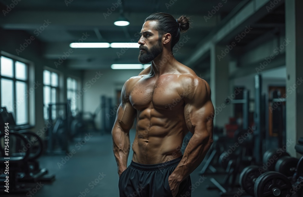 Fototapeta premium Muscular man poses in gym. Athlete shows muscles strength. Bodybuilder with beard and ponytail looks sideways. Man is shirtless. Sport lifestyle concept. Health and fitness motivation in gym.