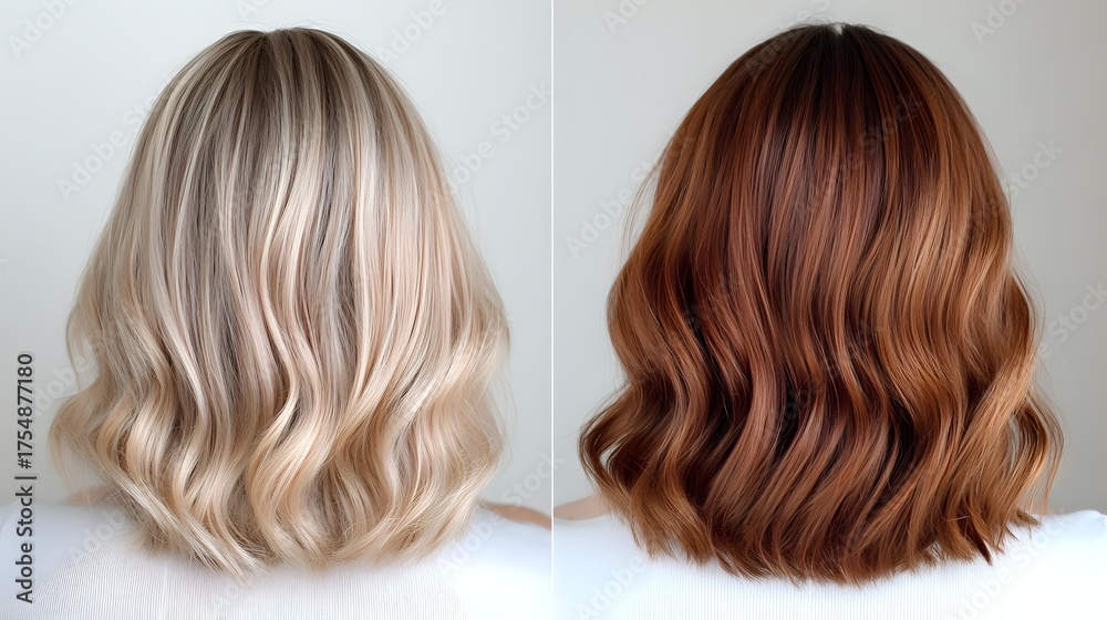 Fototapeta premium Comparison of blonde and copper brown wavy bob hairstyles shown from behind, demonstrating modern hair coloring techniques and professional styling results.