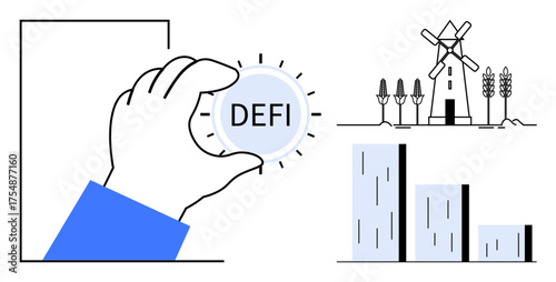 Hand holding DeFi coin next to a growth bar chart and minimalist rural scene with trees and windmill. Ideal for decentralized finance, investment, sustainability, innovation, growth, fintech