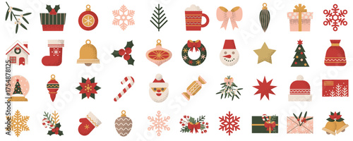 Set of Christmas geometric design elements. Abstract holiday icons and decorations. Vector flat illustration