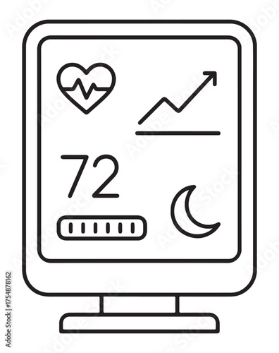 A simplified line drawing of a medical monitor showing a heart rate, a rising graph, a numerical value, a sleep icon, and a battery indicator.