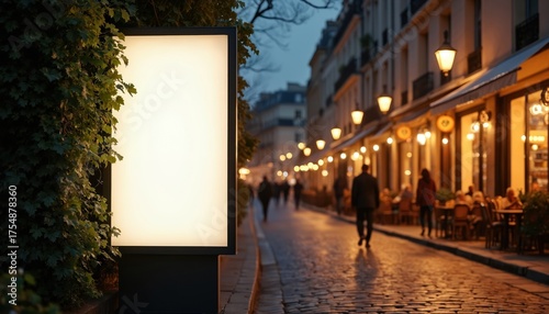 Fototapeta Naklejka Na Ścianę i Meble -  Illuminated blank billboard at Paris street during evening. People walk along the street with cafes. Blank advertising mockup is great for marketing and other commercial concepts template at twilight.
