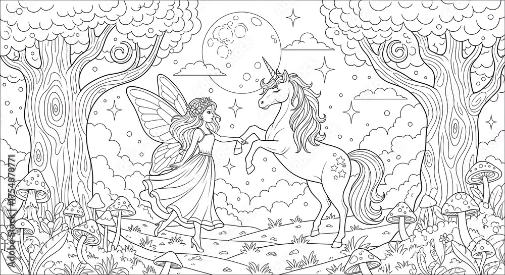 Fototapeta premium Fairy and unicorn in a magical forest under the moonlight coloring page art