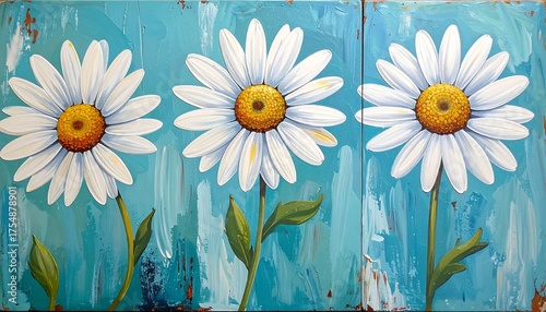 Three white daisies with yellow centers, painted on a textured blue background, presented as a triptych artwork