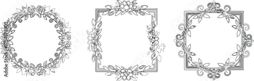 Set of Elegant Hand-Drawn Floral Frames and Borders, Including Circle and Square Shapes