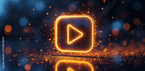 Glowing neon play button icon surrounded by fiery particles