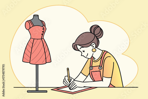 Woman sketching dress design with pencil and paper