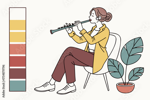 Woman playing the clarinet while seated on a chair
