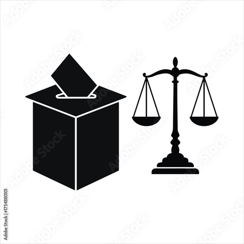 Conceptual image of voting ballot box and justice scales representing law and democracy