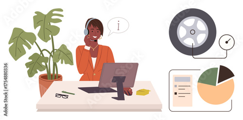 Smiling customer service agent wearing a headset at desk discussing tire metrics and data charts. Ideal for service, communication, information, automotive industry, business, teamwork, customer