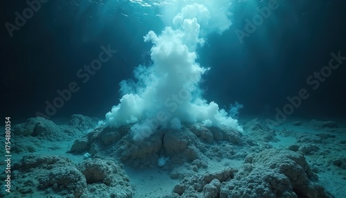Underwater scene displays hydrothermal vent with plumes. White steam rises from volcanic activity on ocean floor. Sea lights up from above. Rare eco exploration, scientific discovery.
