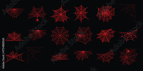 Collection of Red Spider Webs and a Spider on a Black Background