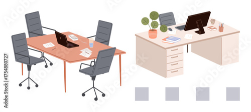 Office layout with a meeting table, swivel chairs, laptop, papers, and glasses alongside a desk with a monitor, books, stationery, and a potted plant. Ideal for teamwork productivity collaboration