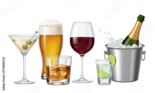 Wallpaper Mural Assorted Alcoholic Beverages Including Beer Wine Whiskey Martini Champagne And Cocktail Isolated On Black Torontodigital.ca