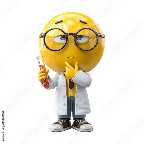 Emoji scientist pondering with test tube and wearing glasses and coat isolated on transparent background