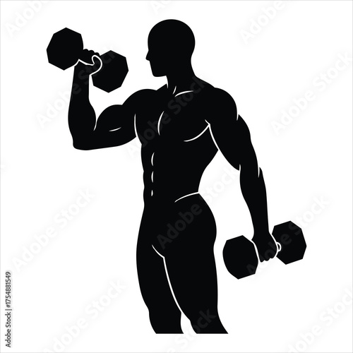 Muscular man silhouette lifting dumbbells in a dynamic pose representing fitness and strength