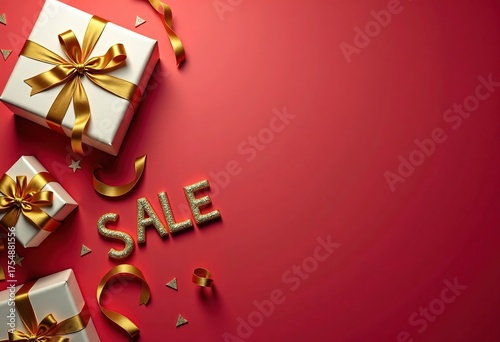 Inscription Sale with gift boxes with golden ribbons on red background. Copy space.