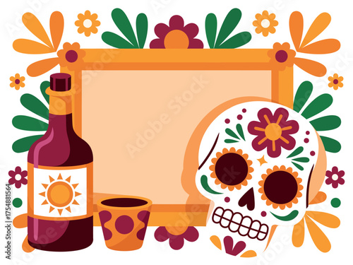 Vector art of day of the dead frame with skull and tequila bottle