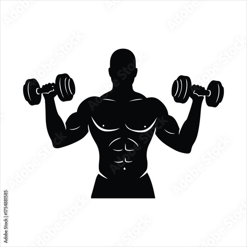 Silhouetted muscular man lifting dumbbells for intense fitness and strength training workout
