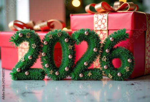 Inscription 2026 made from Christmas tree with gift boxes on background.