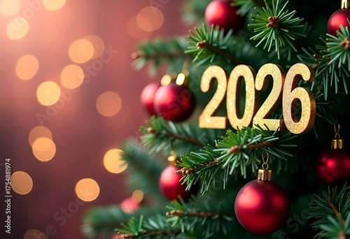 Inscription 2026 on Christmas tree with red balls on background with bokeh lights. Copy space.