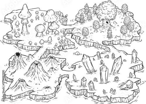 Hand draw cartoon fantasy map landscape with crystals, forest, volcano, mushrooms in doodle line style. Isometric vector illustration islands location for medieval adventure game.