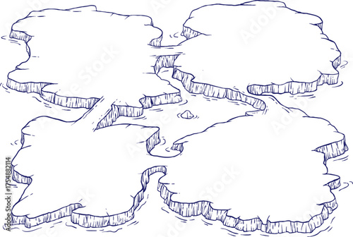 Hand draw ground landscape platform or islands with bridges in cartoon doodle sketch style. Isometric vector illustration for adventure game.