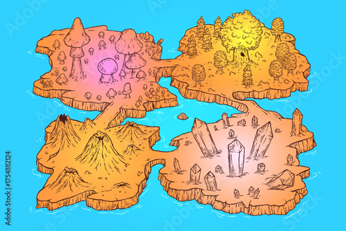 Hand draw cartoon fantasy map landscape with crystals, forest, volcano, mushrooms in doodle color style. Isometric vector illustration islands location for medieval adventure game.
