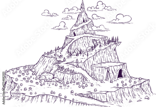Alone island landscape with mountain, forest, village, cave in doodle line style. Hand drawn cartoon fantasy isometric vector illustration location for medieval adventure game.