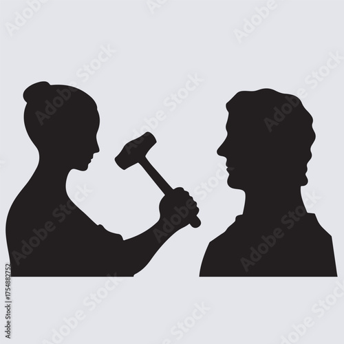 sculptor chiseling statue icon silhouette vector art illustration, woman with hammer