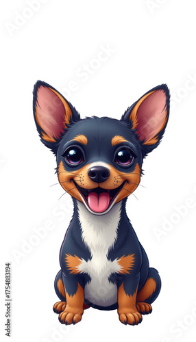 Adorable cartoon Chihuahua puppy with large ears and expressive eyes sitting on a white background, cute small dog breed with joyful facial expression