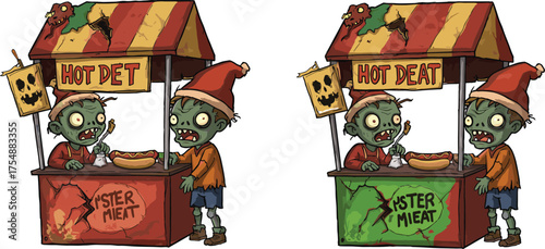 Zombie kid at creepy hot dog stand, cartoon Christmas horror scene, festive undead character, whimsical holiday illustration, spot-the-difference artwork