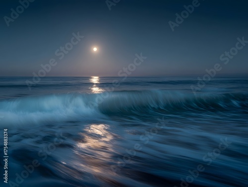 Fototapeta Naklejka Na Ścianę i Meble -  Moonlit ocean wave breaking on shore with reflection on the water surface