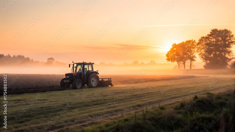 Fototapeta premium Tractor Cultivating a Field at Sunrise with Golden Light and Fog in Rural Landscape