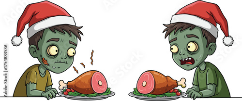 Zombie kids staring at holiday meat plates, cartoon Christmas horror scene, festive undead characters, creepy cute dinner illustration artwork