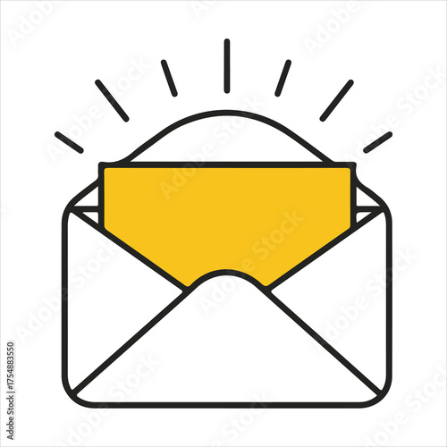 Open envelope with bright yellow paper inside and light rays symbolizing communication or news