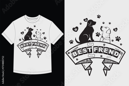 Best Friend Dog Lover T-Shirt Vector Graphic with Two Dog Silhouettes and Ribbon Banner