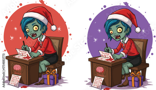 Zombie writing letter to Santa at desk, cartoon Christmas horror scene, festive undead character, humorous holiday illustration, creepy cute artwork