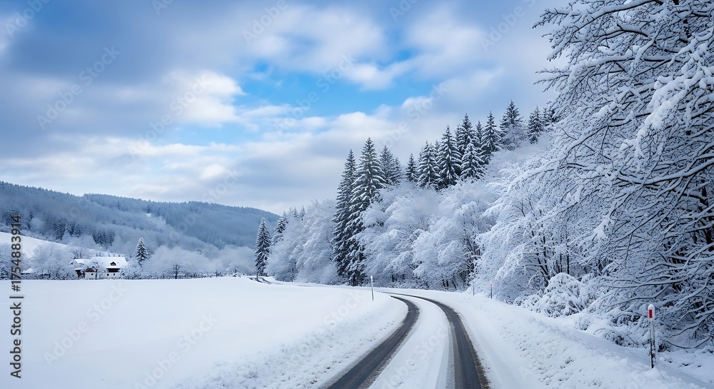 Obraz premium Snowy road winding through a forest in winter landscape