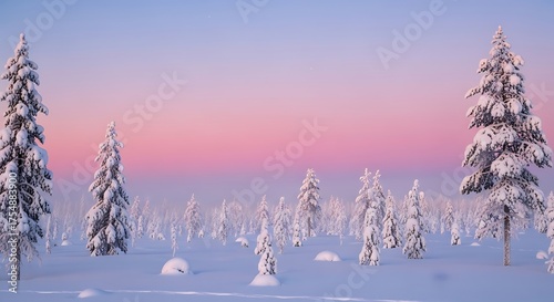 Fototapeta Naklejka Na Ścianę i Meble -  Winter forest landscape with snow covered trees at sunset