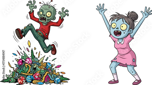 Zombie kids reacting to broken Christmas decorations, cartoon holiday horror scene, festive undead characters, humorous winter illustration, creepy cute artwork