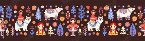 Scandinavian Folk Pattern with Polar Bears and Girls , Cozy Winter Seamless Design. Cute Nordic Fairy Tale Pattern Frame Border with dark backgrounds. Children Winter Print. Vector Illustration