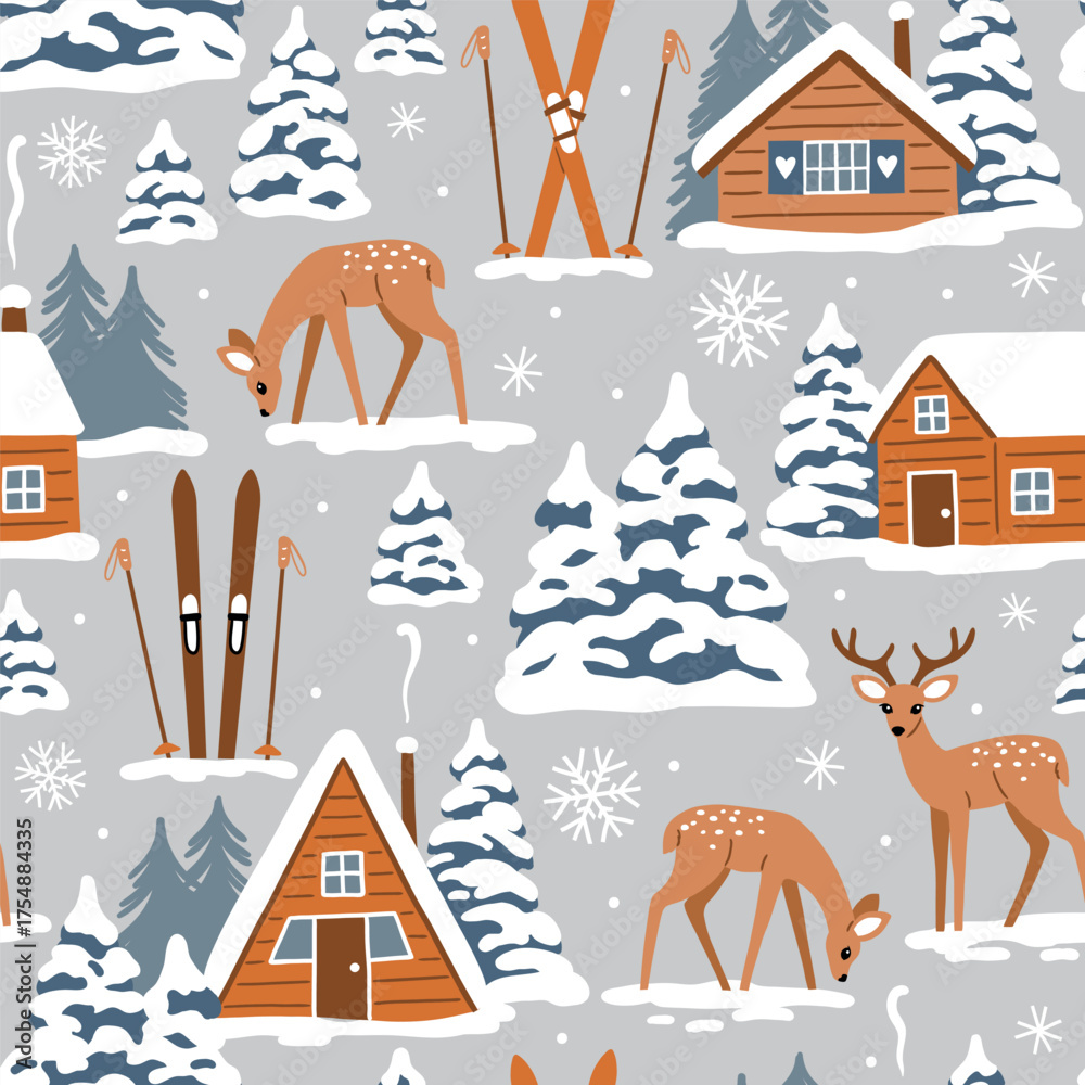 custom made wallpaper toronto digitalSeamless vector pattern with mountain chalet, deer and ski equipment. Hand drawn winter woodland landscape. EPS 10 vector file. Perfect for textile, wallpaper or print design.