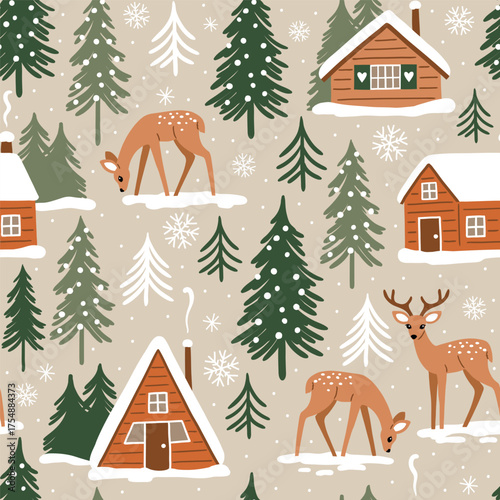Seamless vector pattern with mountain chalet, deer and ski equipment. Hand drawn winter woodland landscape. EPS 10 vector file. Perfect for textile, wallpaper or print design.