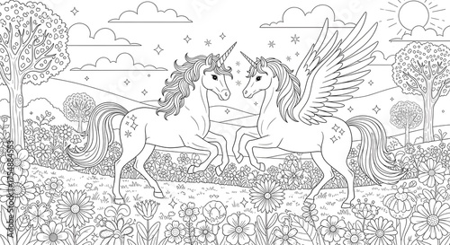 Two unicorns in a flower field with one having wings for a coloring book page
