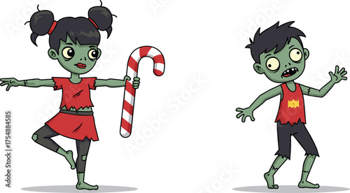 Zombie kids with candy cane and ballet pose, cartoon horror scene, festive undead characters, creepy cute illustration, Christmas themed artwork