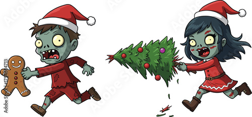 Zombie girl chasing boy with Christmas tree weapon, cartoon holiday scene, festive horror illustration, funny undead characters, gingerbread cookie chaos